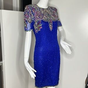 Laurence Kazar Sz S (2-4) Silk Blue Beaded Cap Sleeve Dress